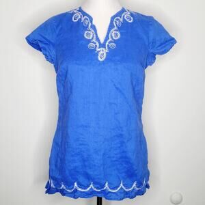 Sunny Leigh Sz S Blue Linen Top Mediterranean Vacation Travel Resort Lightweight